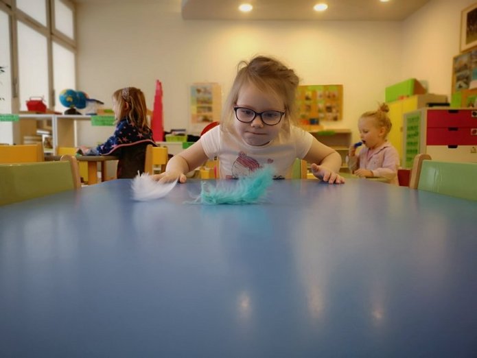 dziecko patrzy na piórka